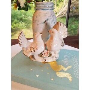 Vtg Goebel Style CERAMIC Cream Metallic Gold LOVE BIRDS Doves Figurine